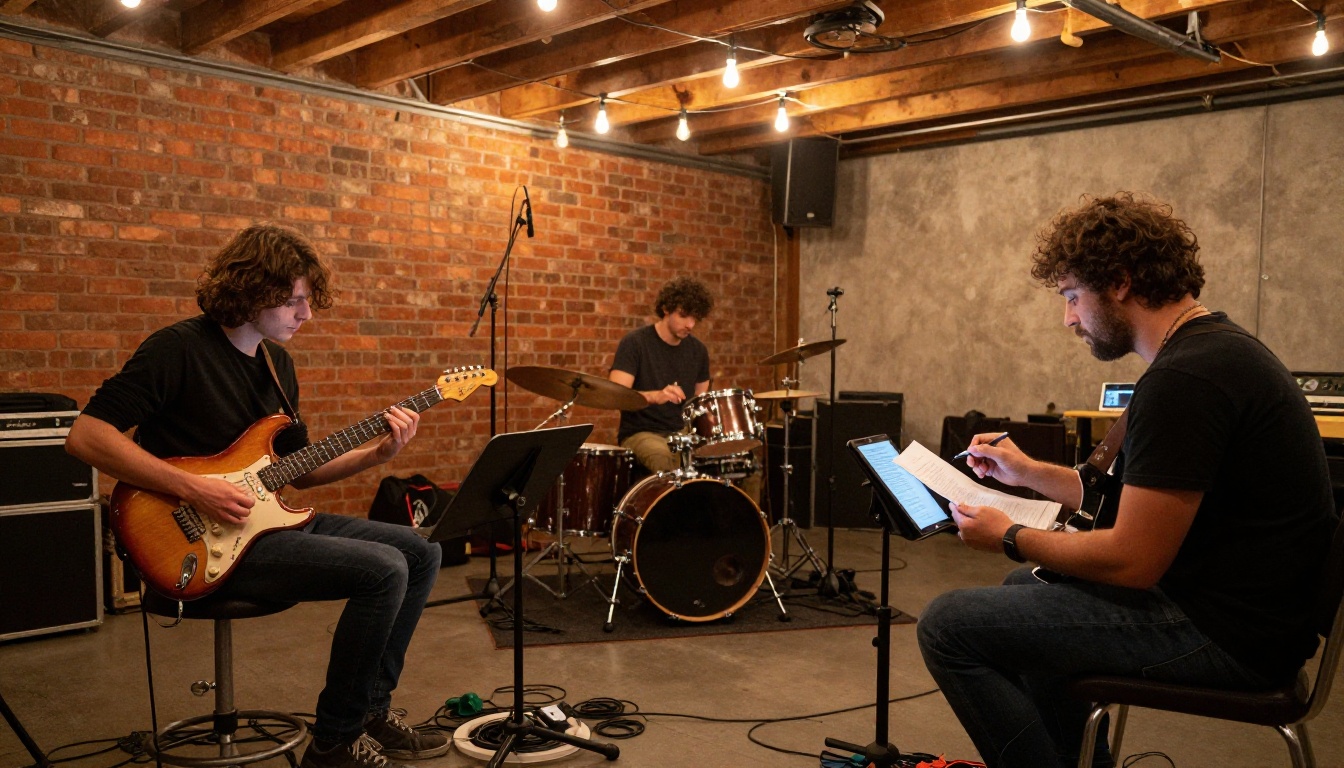 Three musicians collaborating in a warm industrial rehearsal space with Edison lights Three musicians collaborating in a warm industrial rehearsal space with Edison lights