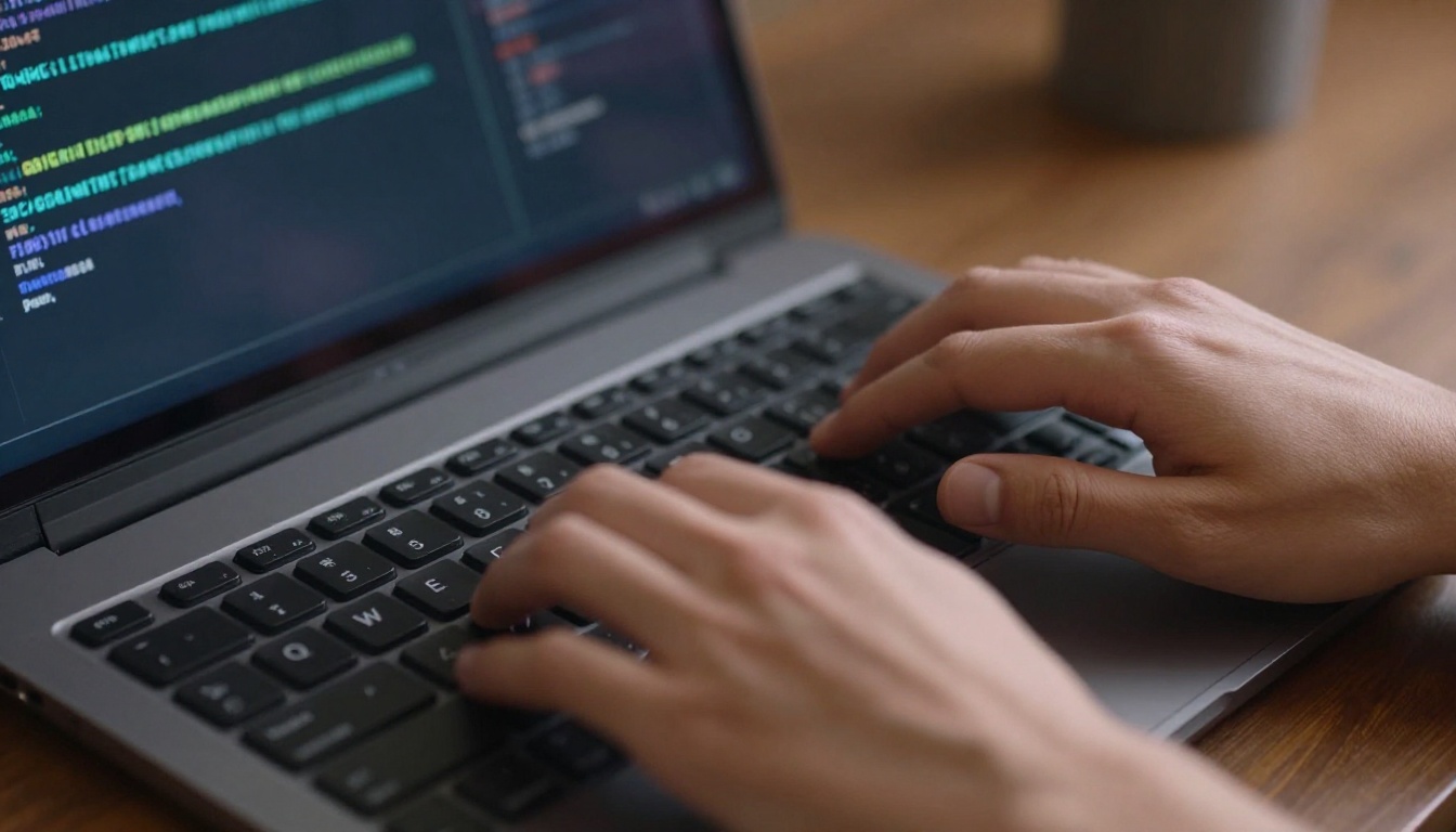 A developer typing rapidly on a keyboard, fingers captured in motion above the keys