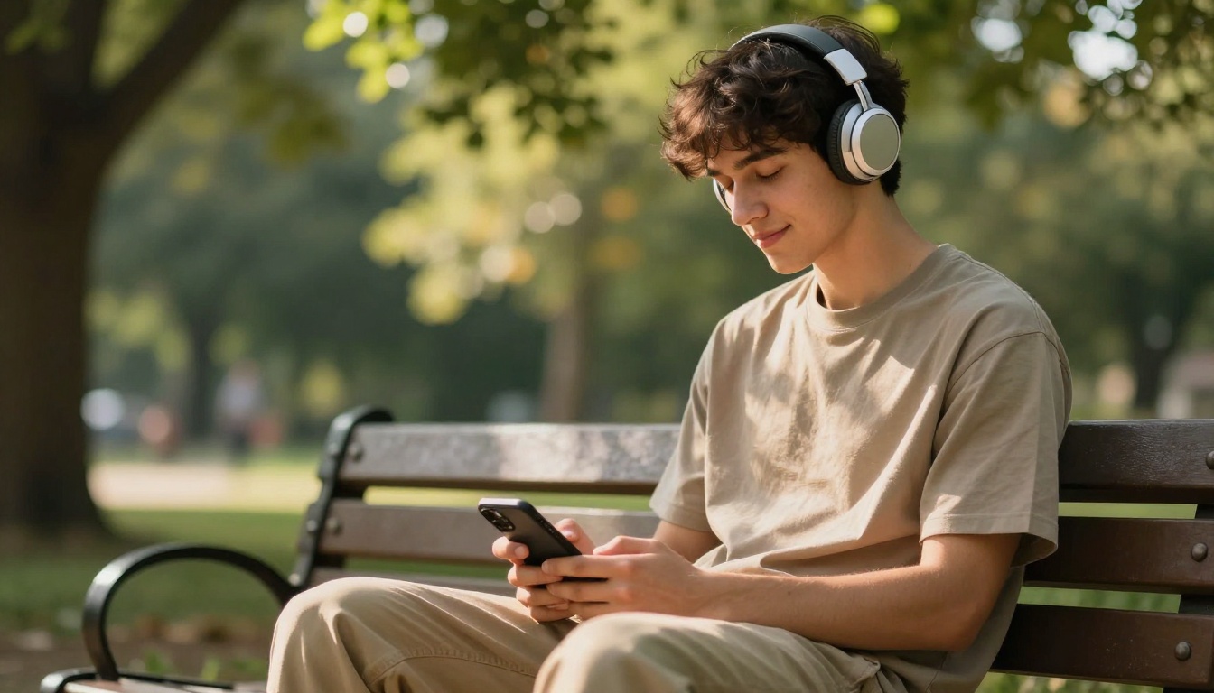 Young man with wireless headphones on a sunny park bench, immersed in music