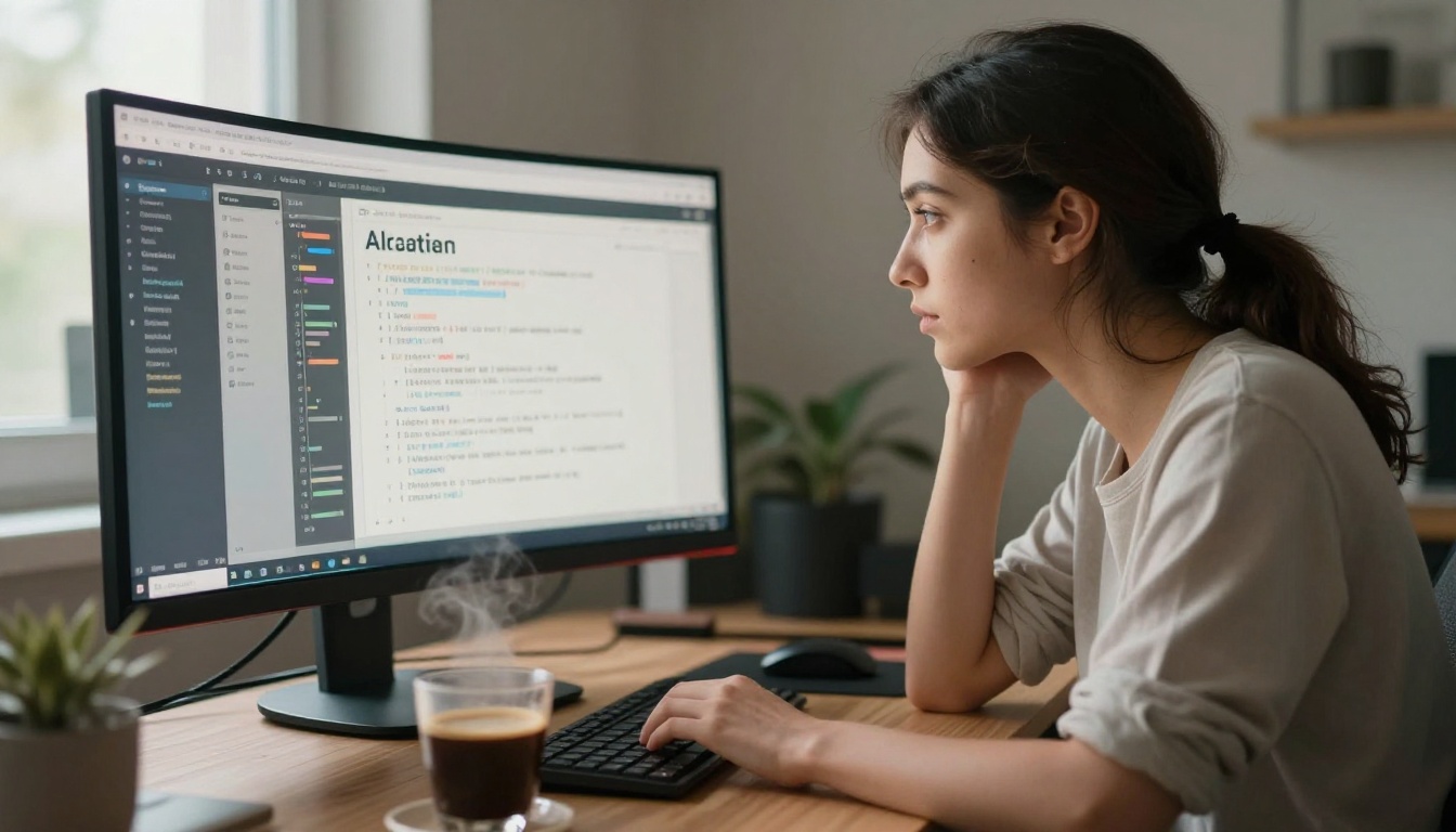 Female developer leaning toward an ultrawide monitor displaying AI-generated code suggestions, coffee steaming beside the keyboard