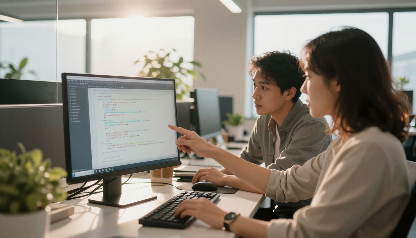 Two software engineers reviewing a pull request together at a shared workstation in a bright office