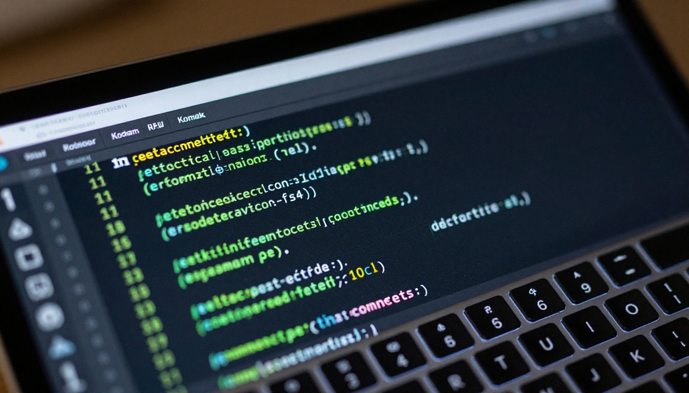 Macro close-up of a laptop screen showing streaming AI-generated code in a terminal window