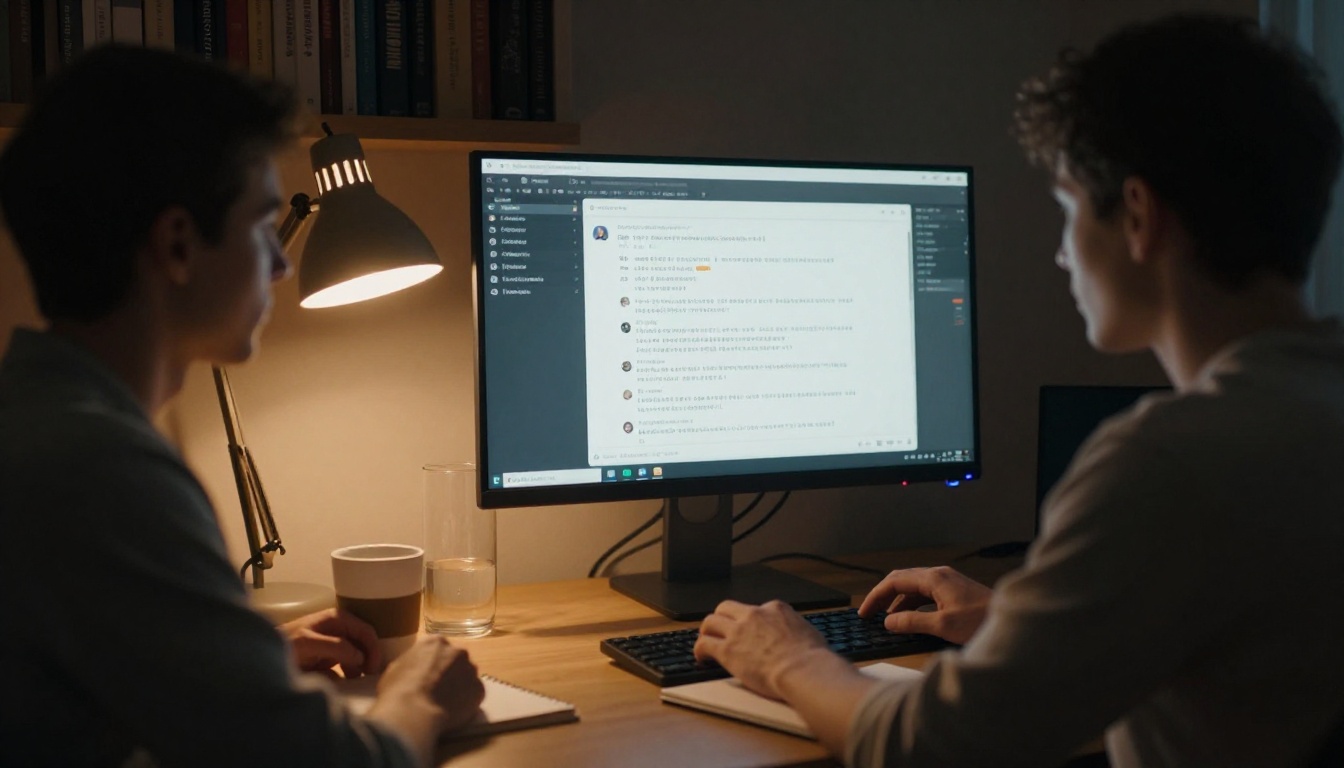 Developer working late at night at a home office desk with warm amber lamp light, focused on a long reasoning output on screen