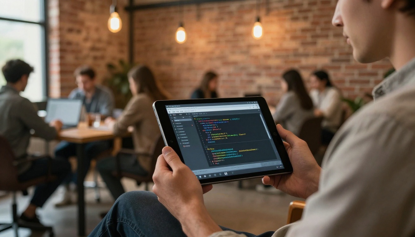 Developer at a co-working space holding a tablet displaying code generation results, brick wall and Edison bulbs in background