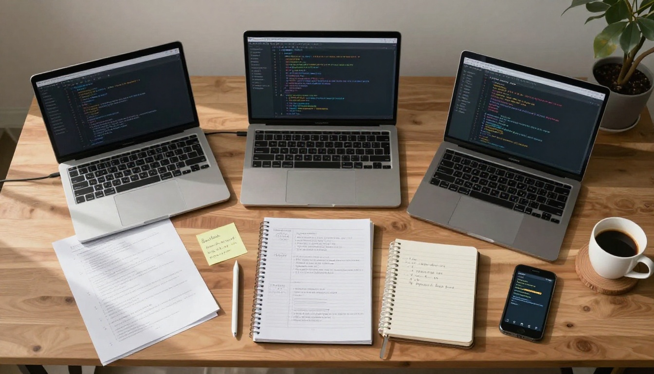 Aerial view of a full developer workspace with two open laptops, printed notes, sticky notes, and morning coffee from above