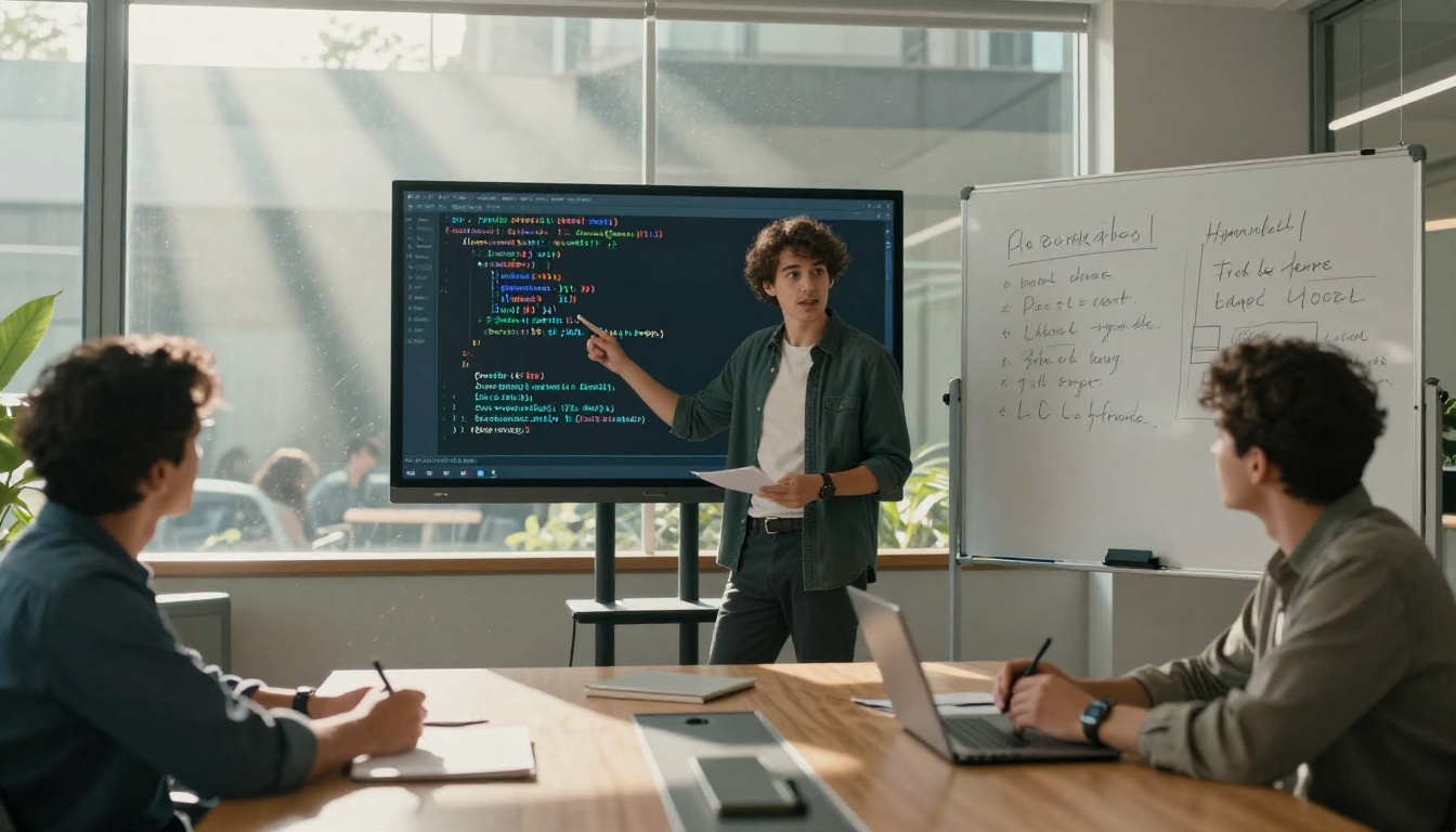Three developers in a meeting room watching a colleague present AI-generated code results on a large wall display