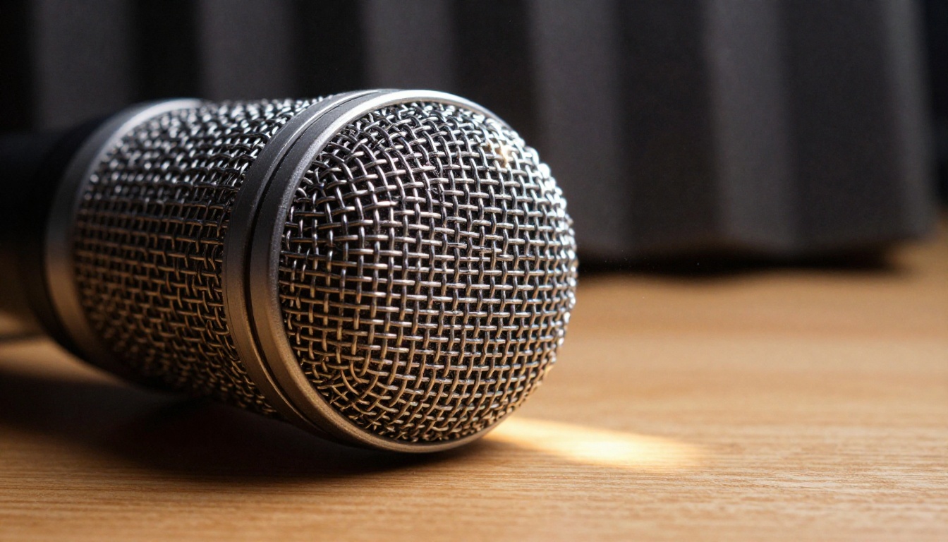 A close-up of a studio condenser microphone with warm tungsten lighting and shallow depth of field