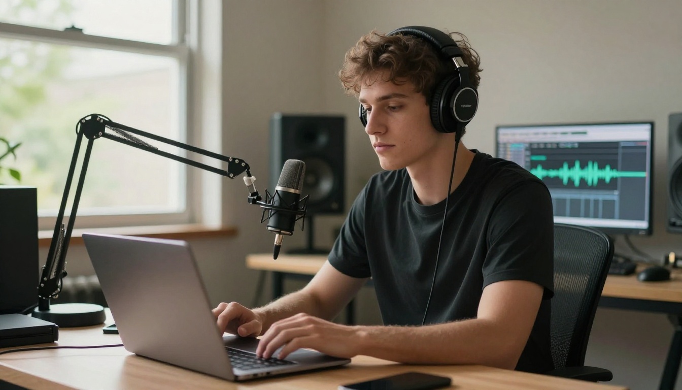 A content creator seated at a professional recording desk with headphones and a USB microphone A content creator seated at a professional recording desk with headphones and a USB microphone