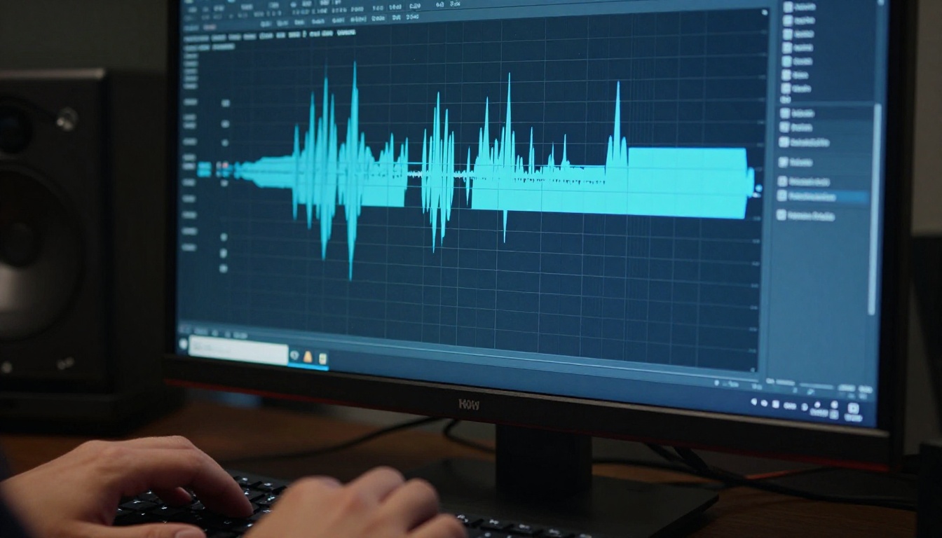 Audio waveform displayed on a professional monitor in a studio workspace Audio waveform displayed on a professional monitor in a studio workspace
