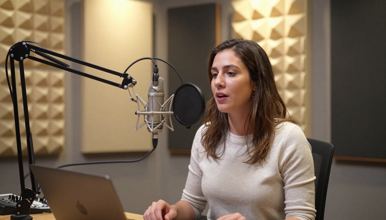 A professional podcast host recording in a soundproofed studio booth with a broadcast microphone A professional podcast host recording in a soundproofed studio booth with a broadcast microphone