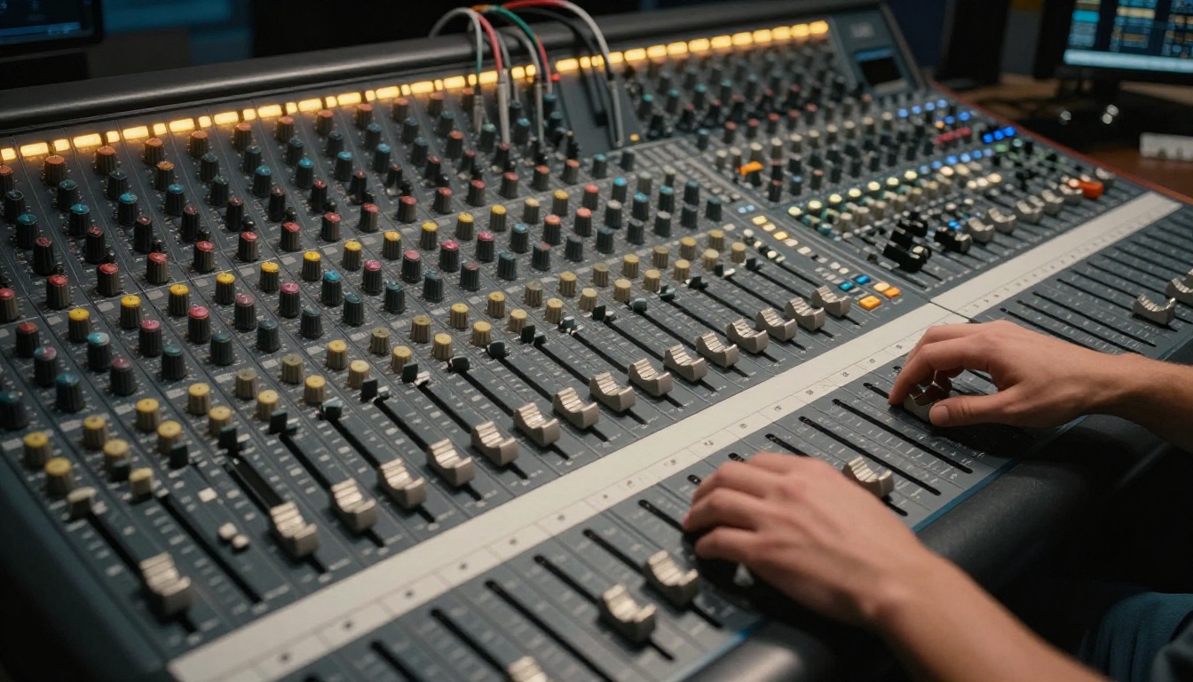 A professional audio mixing console viewed from above with a sound engineer's hands on the faders A professional audio mixing console viewed from above with a sound engineer's hands on the faders