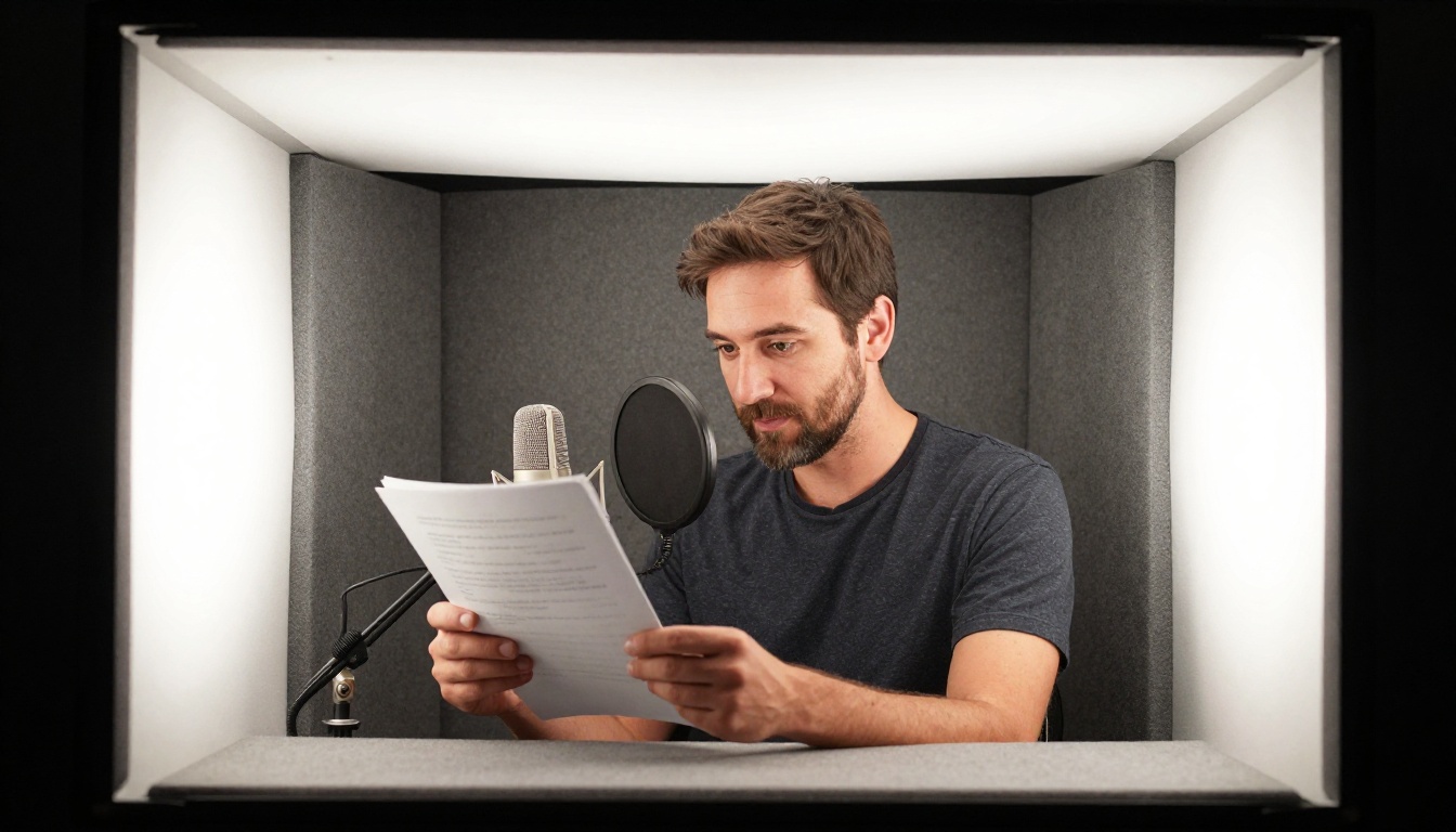 A voice actor reading a script inside a professional portable vocal booth A voice actor reading a script inside a professional portable vocal booth