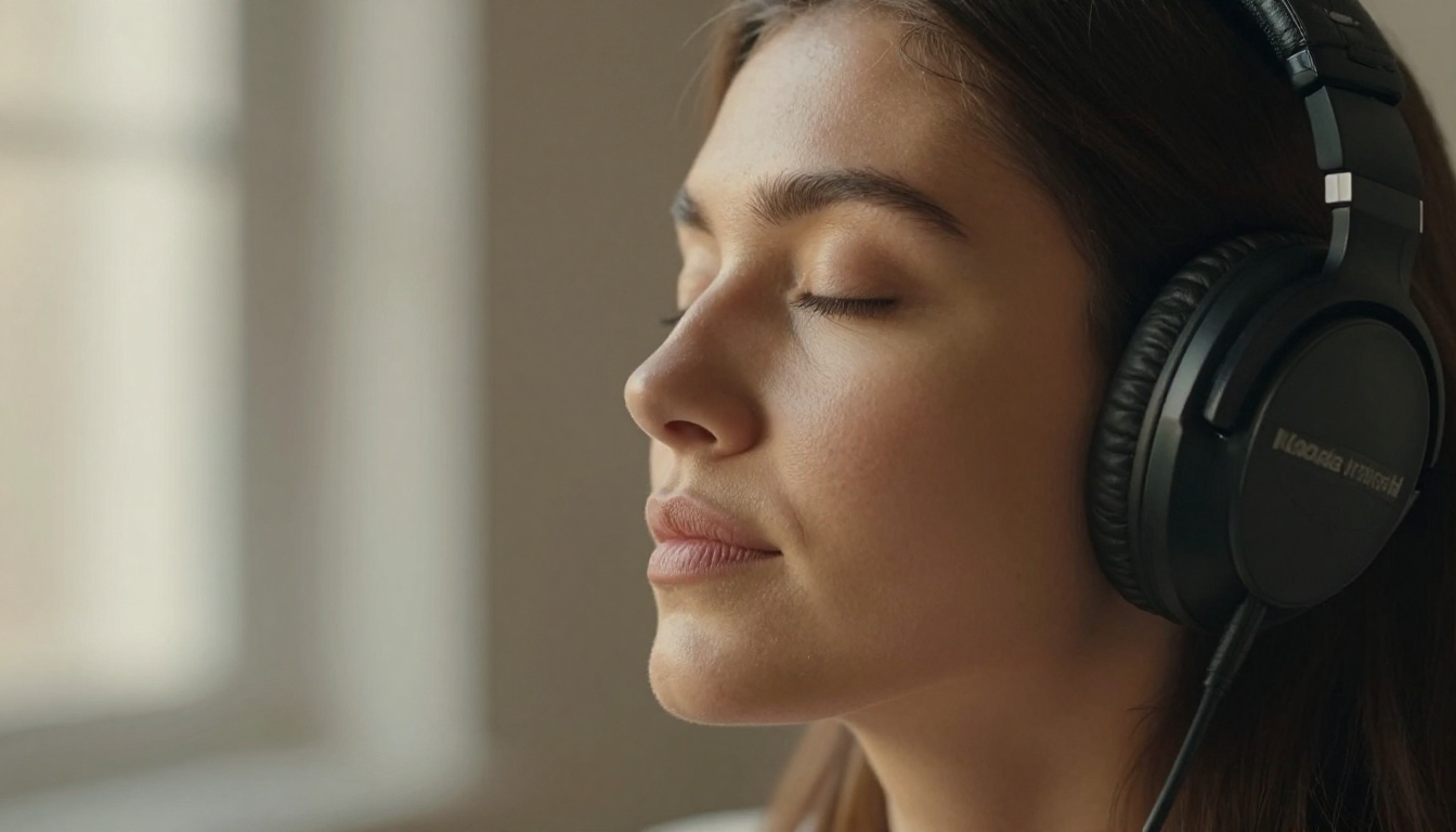 A woman with professional over-ear headphones, eyes closed, listening in soft natural light
