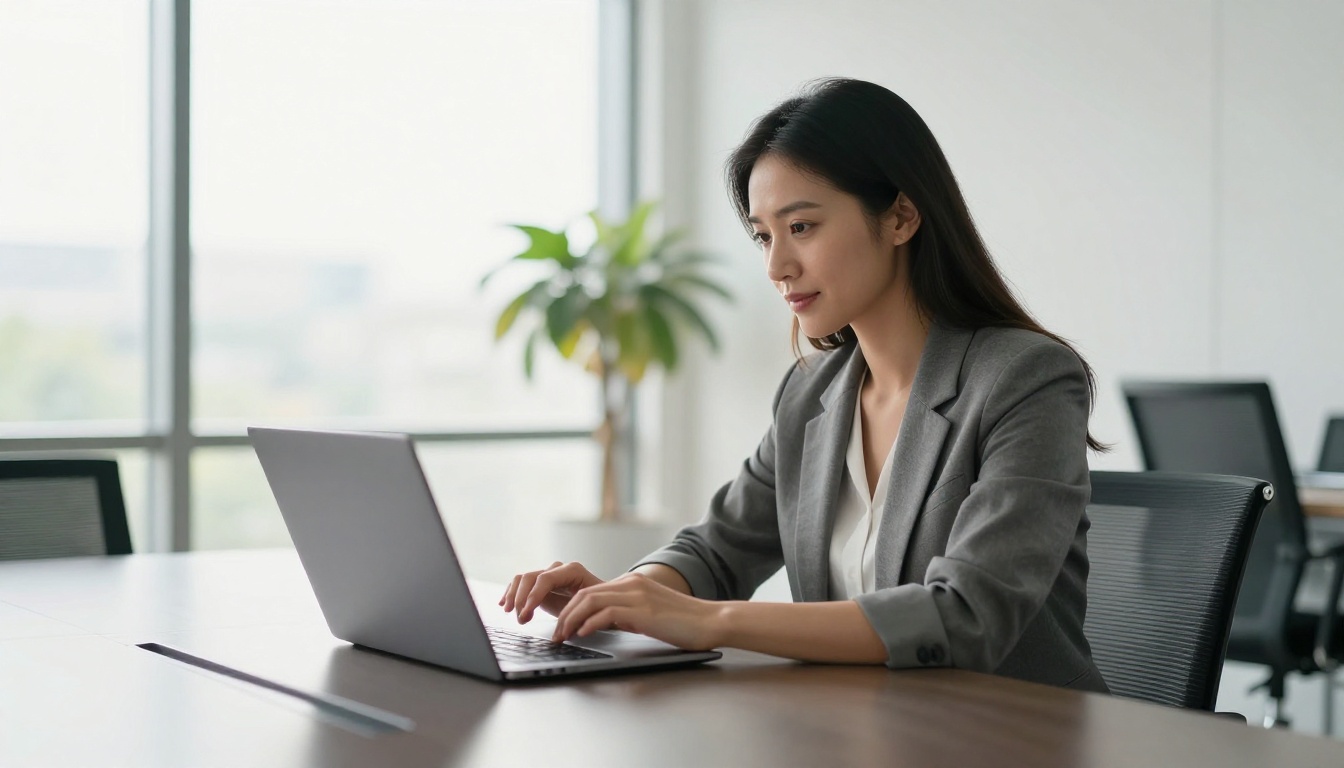 A corporate professional woman presenting with a laptop in a bright modern office with floor-to-ceiling windows