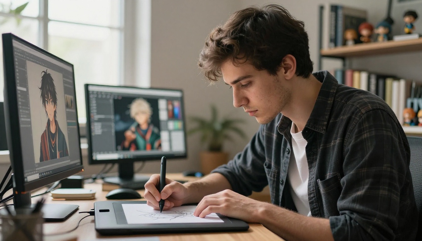 Digital artist sketching with a Wacom tablet at a creative workspace, second monitor showing AI-generated anime characters
