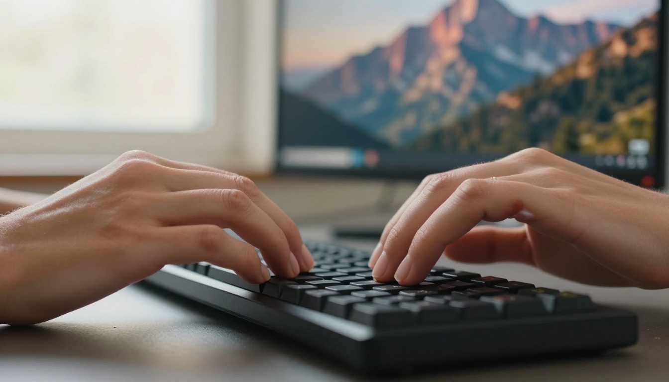 Hands typing a creative prompt on a keyboard with AI-generated landscape on screen