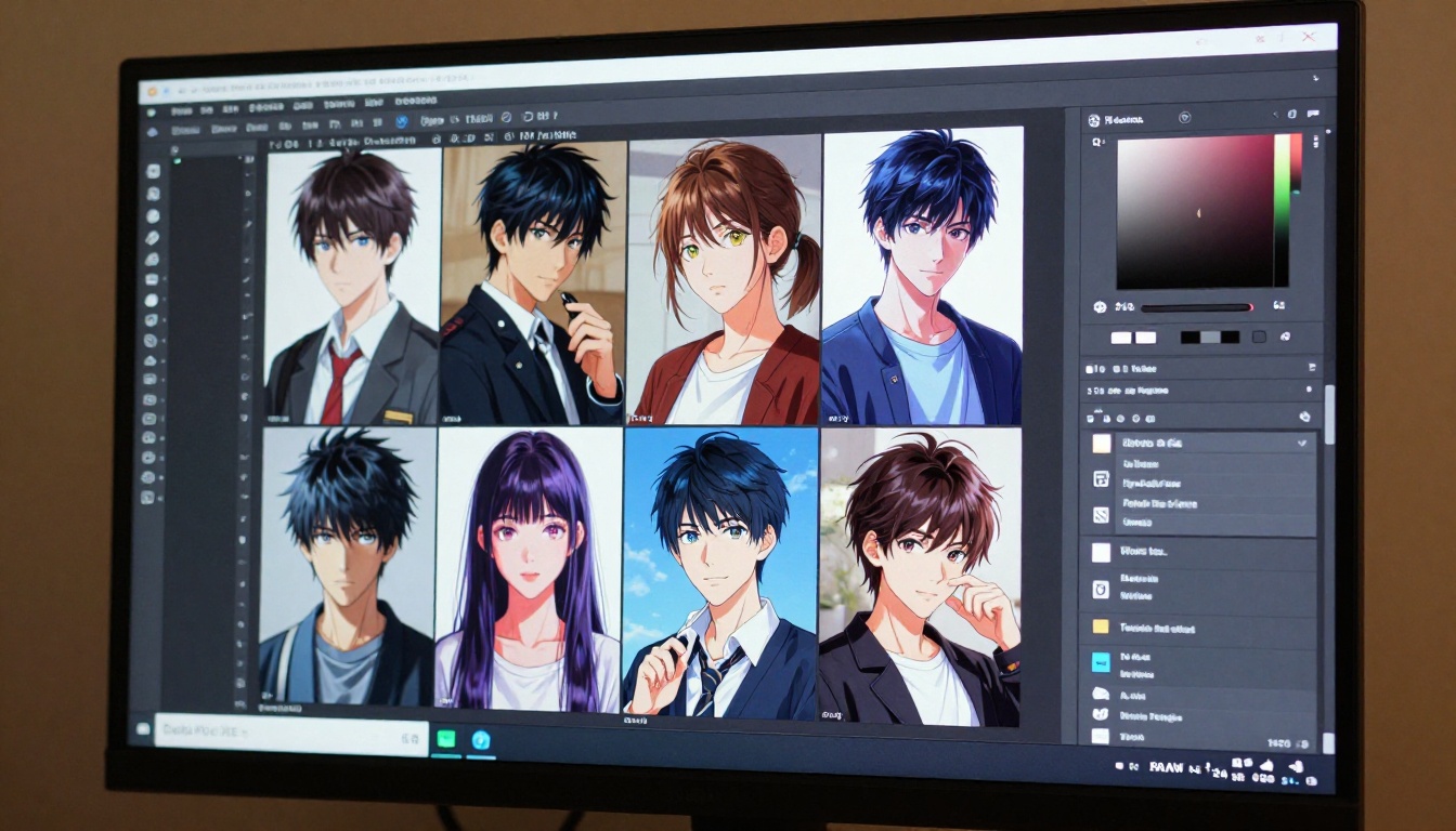 Close-up macro shot of a high-resolution monitor displaying a vibrant AI image generation interface with anime artwork grids