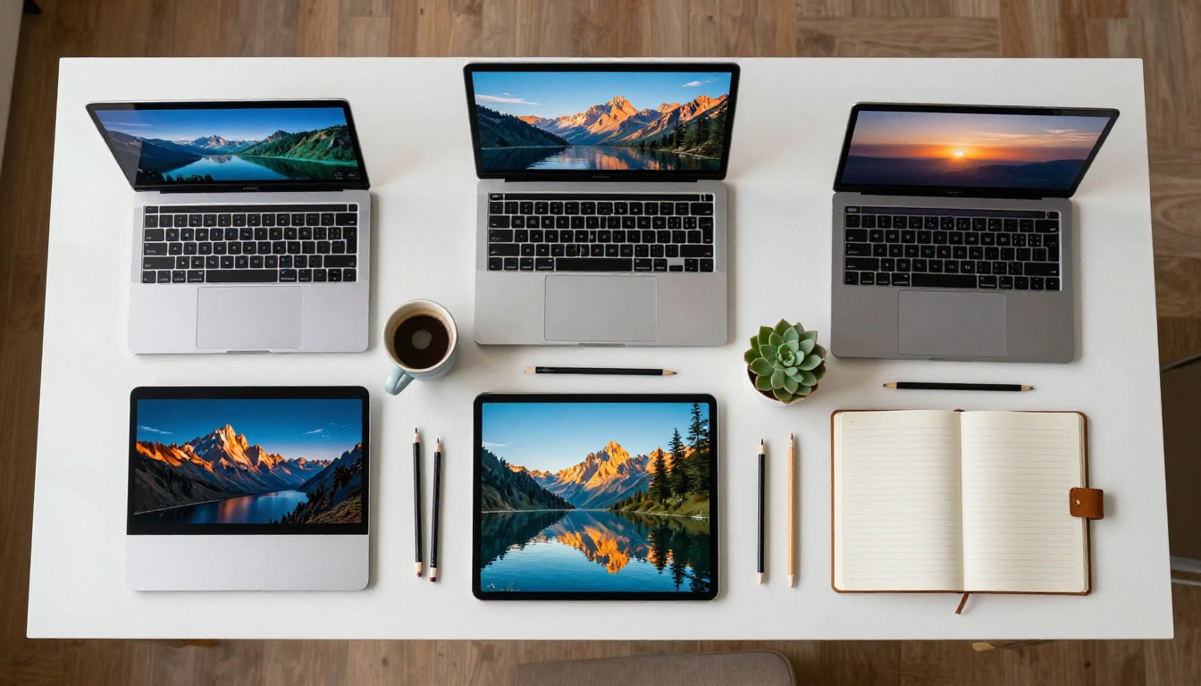 Multiple screens showing different AI-generated images arranged on a studio desk