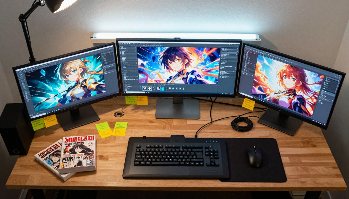 Aerial overhead view of a complete creative AI art generation desk workspace with multiple monitors