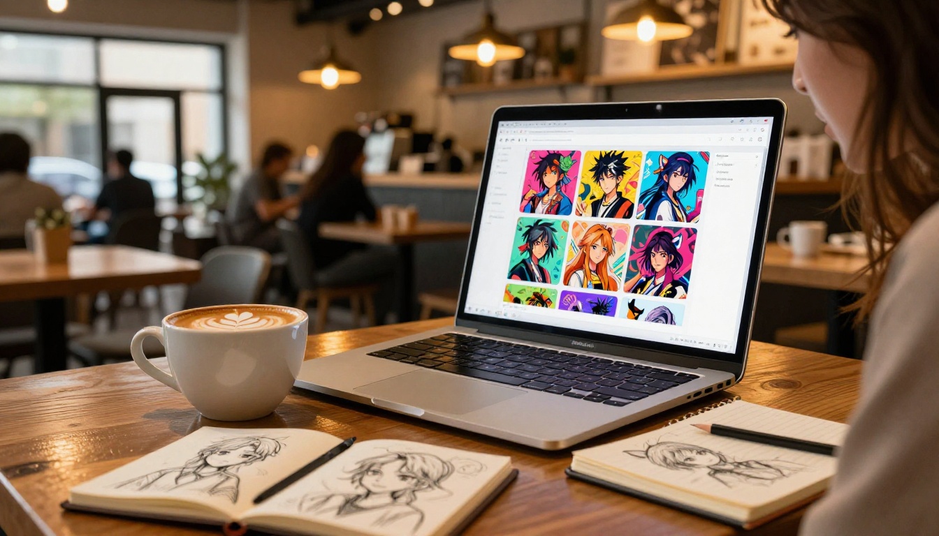 Young woman working on a silver laptop in a cozy coffee shop with an AI art generation platform visible on screen