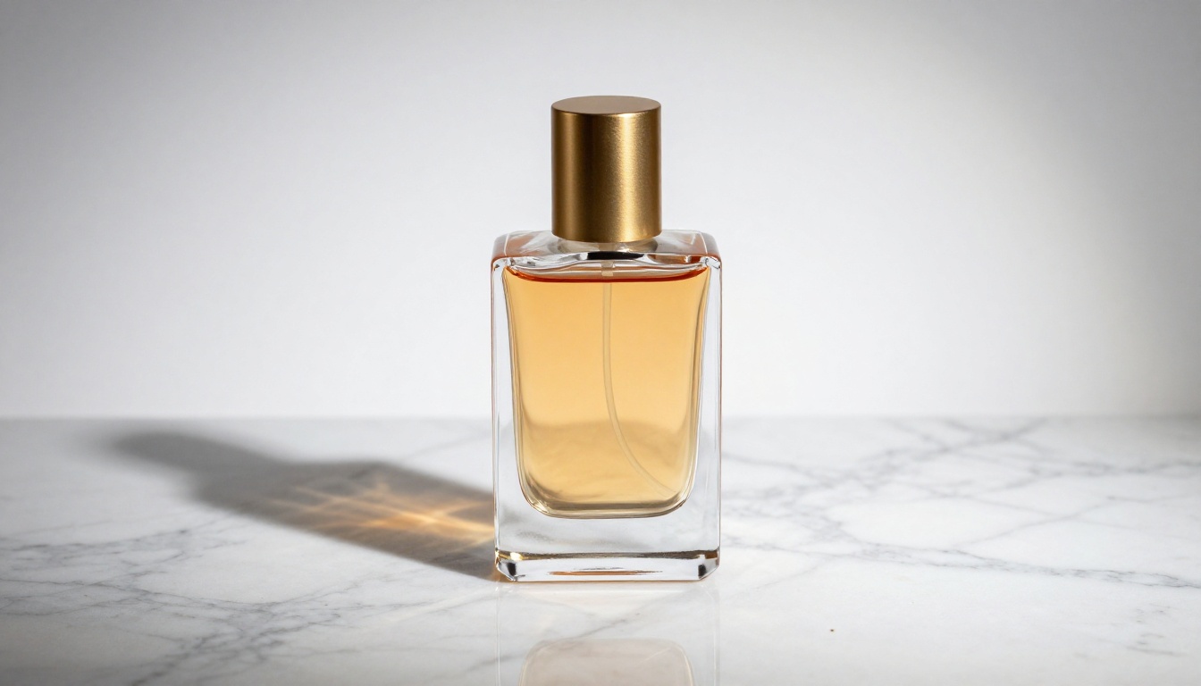 Product photography of a glass perfume bottle on white marble demonstrating commercial AI output