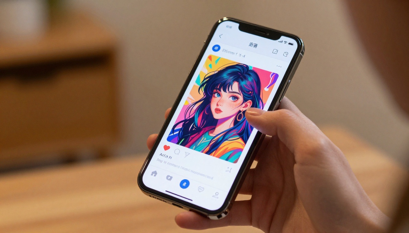Young woman holding a smartphone displaying a vibrant AI anime art generation app interface