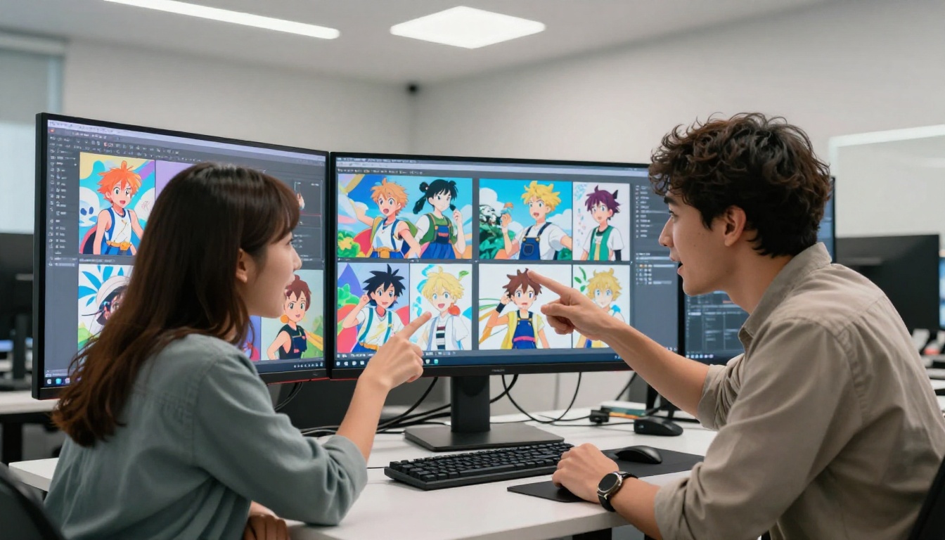 Two young creative professionals collaborating over a large curved ultrawide monitor reviewing AI-generated anime artwork
