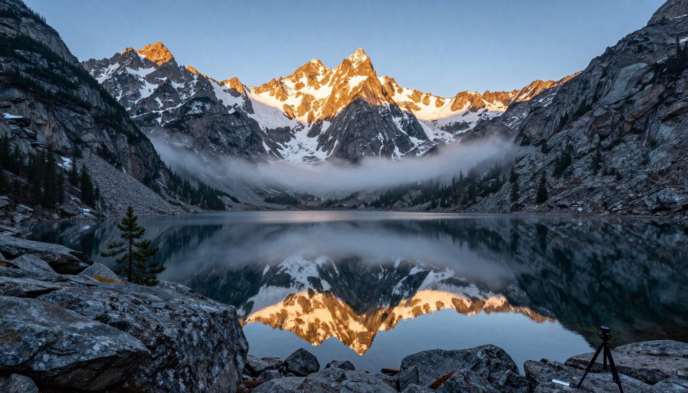 Mountain lake at dawn with mist reflecting granite peaks
