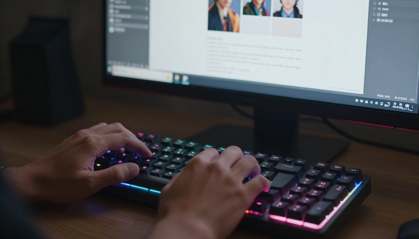 Creator's hands typing a detailed prompt into an AI image generation platform on a backlit mechanical keyboard