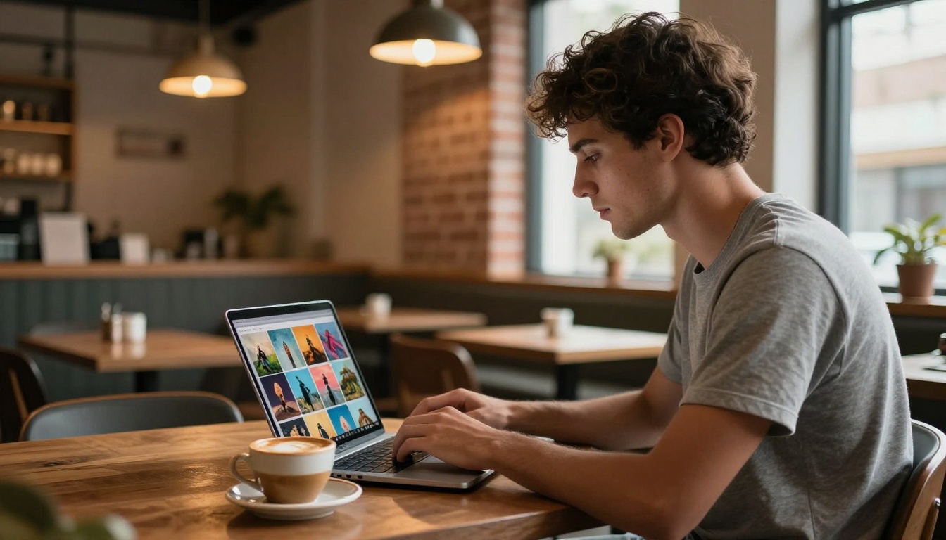 Man in a warm cafe scrolling through AI-generated images on a laptop