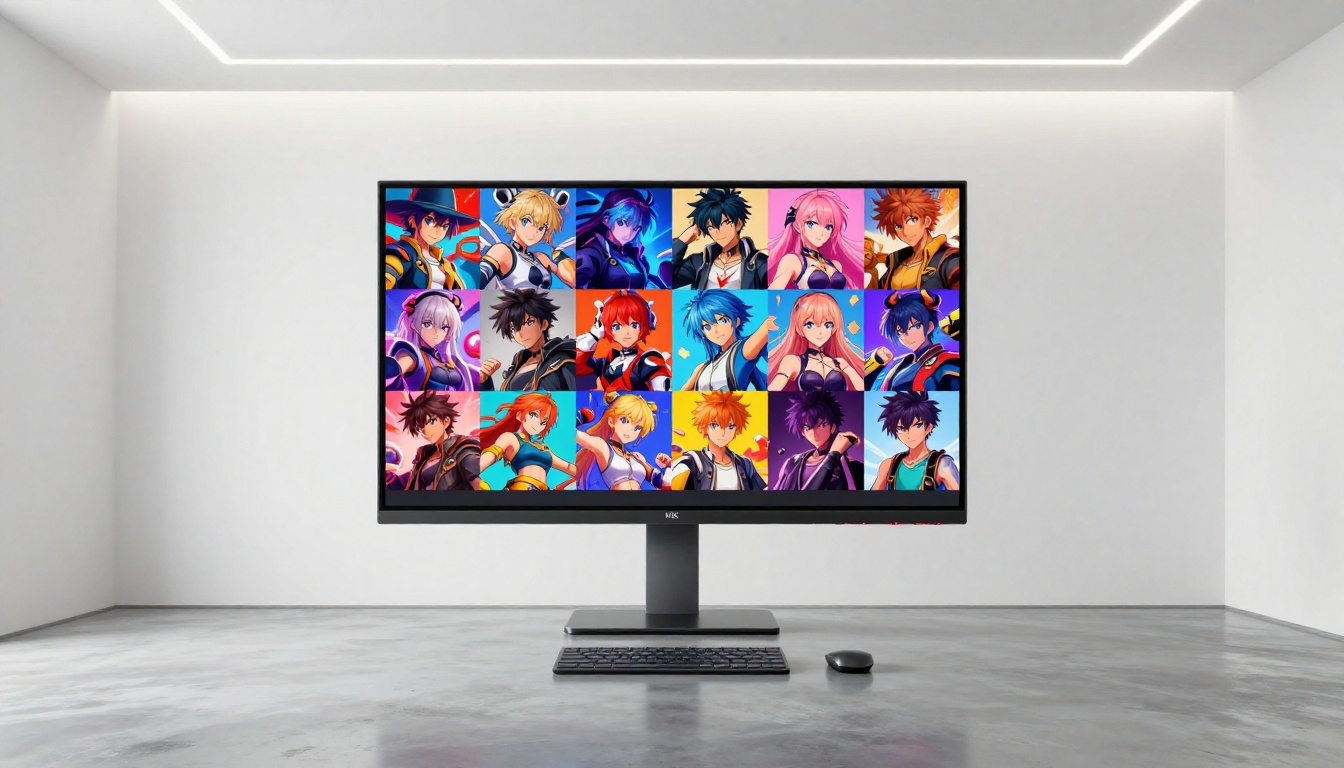 Gallery of vibrant AI-generated anime and illustration artwork displayed in a grid on a large studio monitor