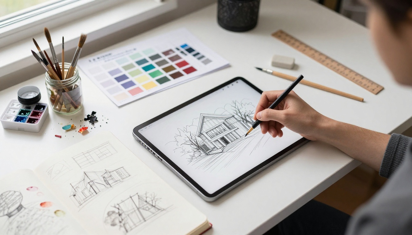 Creative workspace flat-lay with art supplies and tablet showing AI architectural rendering