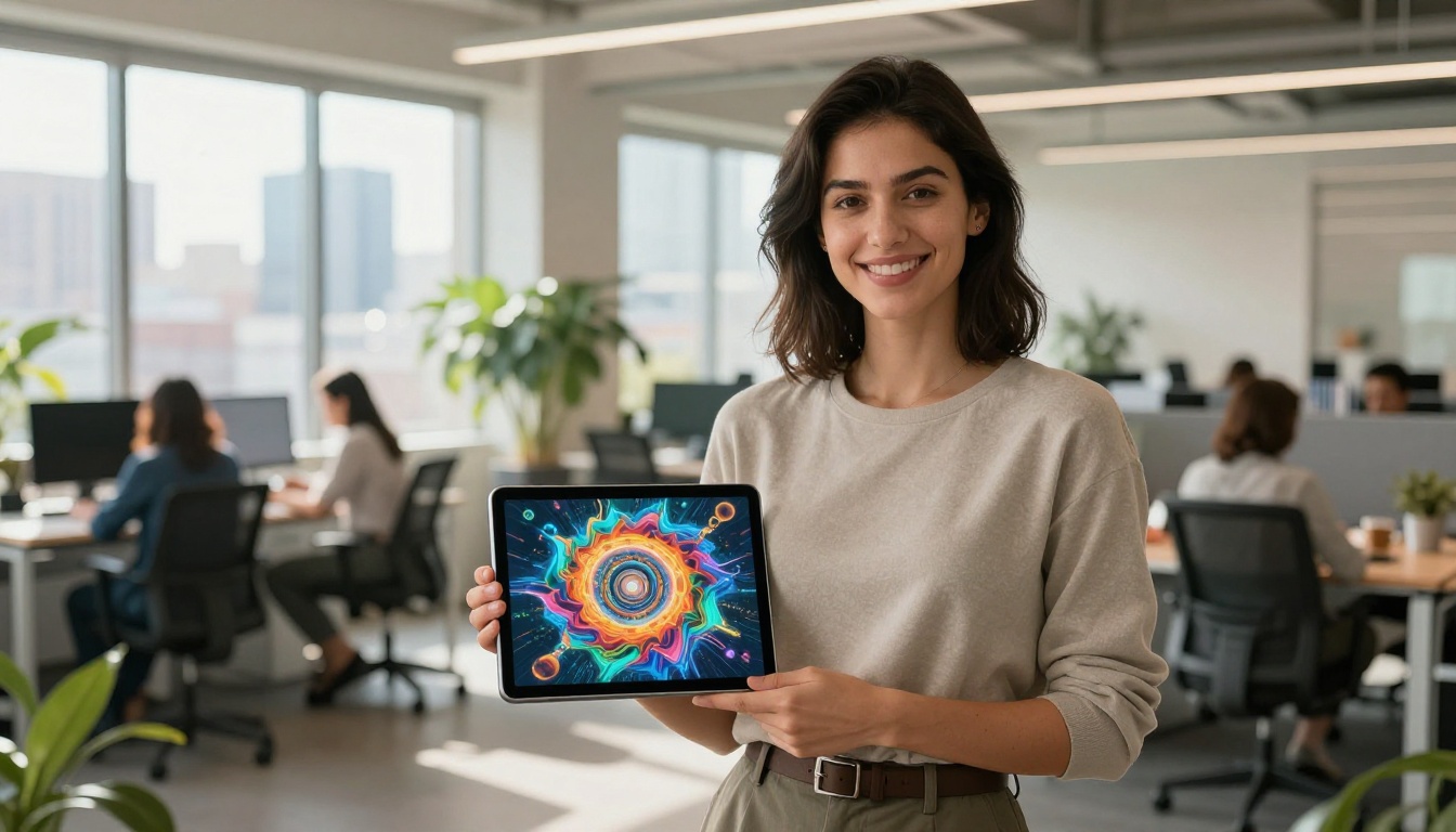 Woman in a modern open-plan office holding a tablet displaying a vibrant AI-generated image