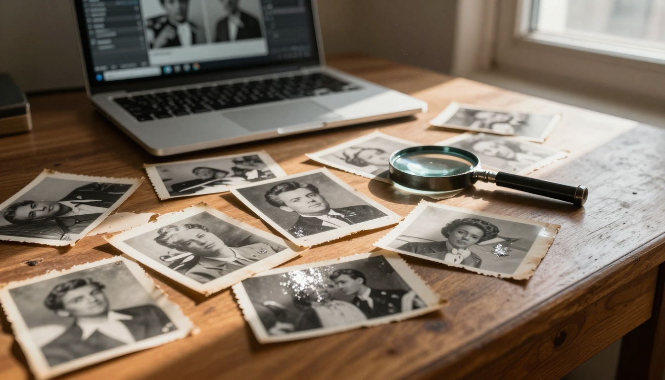 Old antique desk covered in scattered vintage black-and-white photographs with laptop showing restoration software
