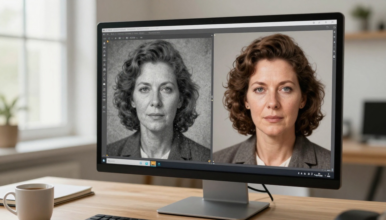 Split-screen photo restoration software interface on monitor showing damaged versus restored grayscale photo