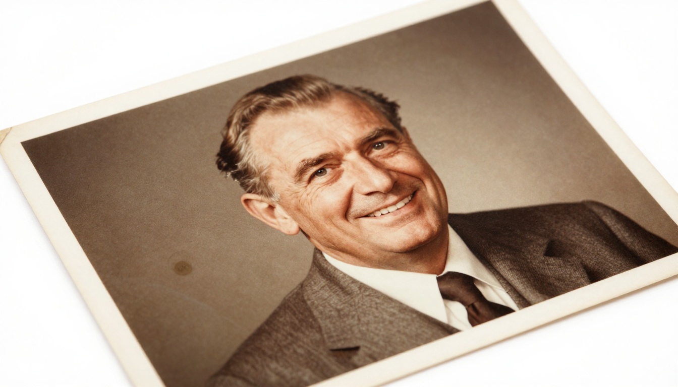 Macro overhead view of vintage 1930s portrait photograph on lightbox showing AI restoration progress across the print