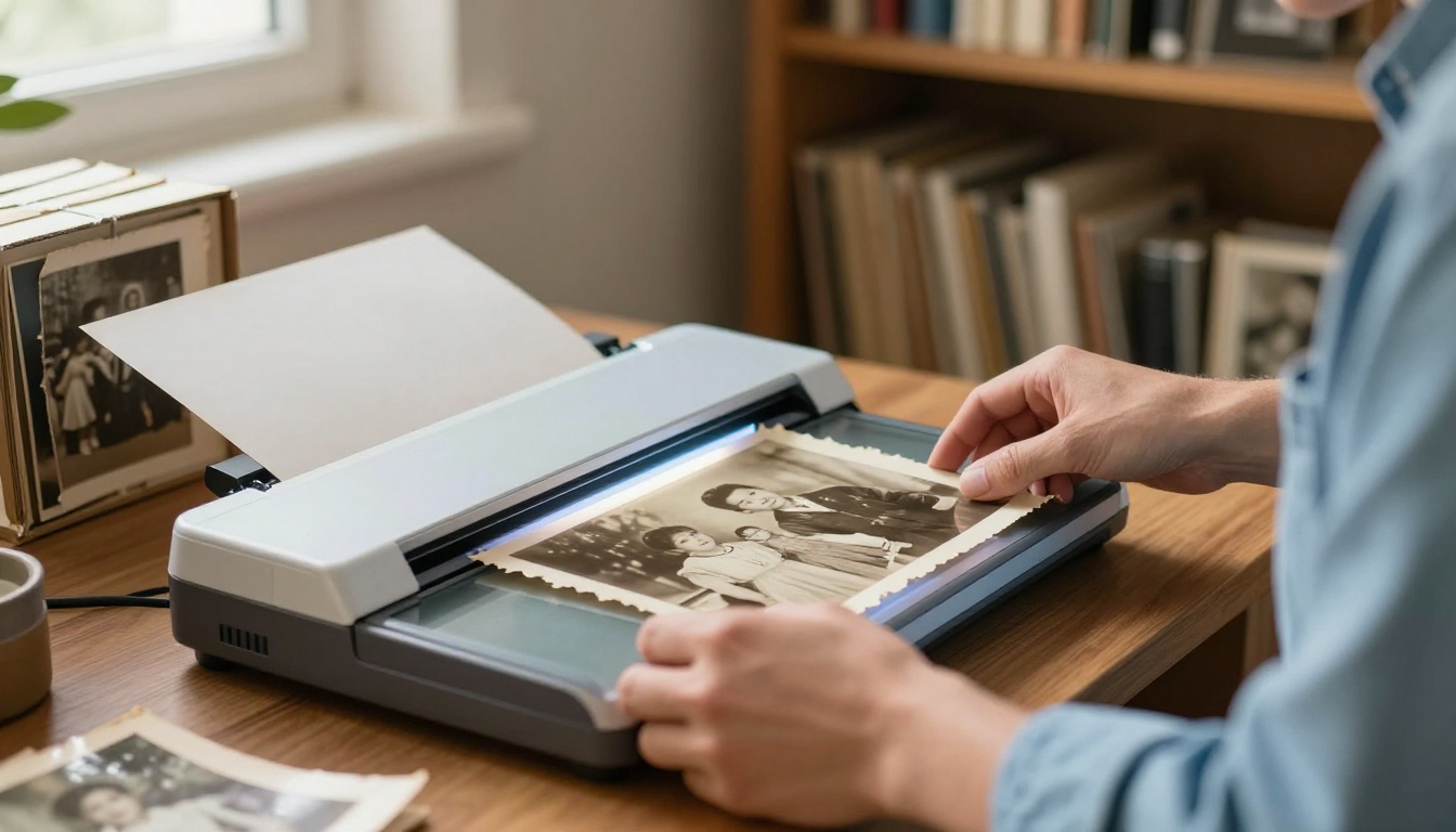 Side profile of hands placing sepia vintage family photograph on open flatbed scanner in warm home office