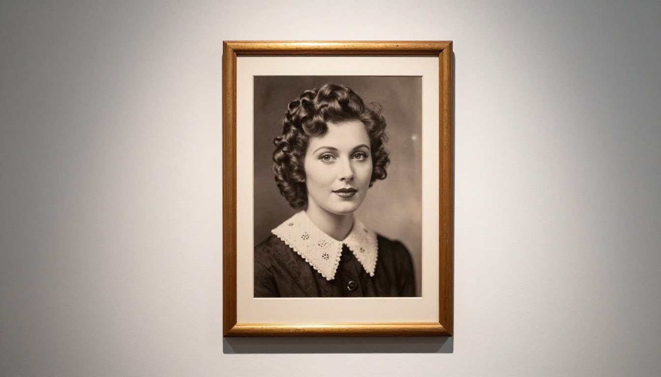 Vintage 1940s woman portrait displayed on white gallery wall with warm focused spotlight casting soft shadows