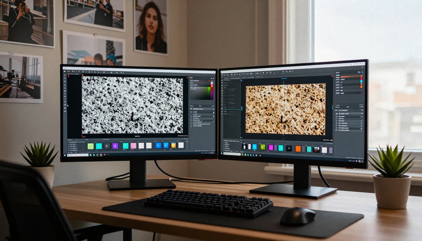 Wide-angle shot of modern content creator workspace with large monitor showing image upscaling tool at 400% zoom comparison