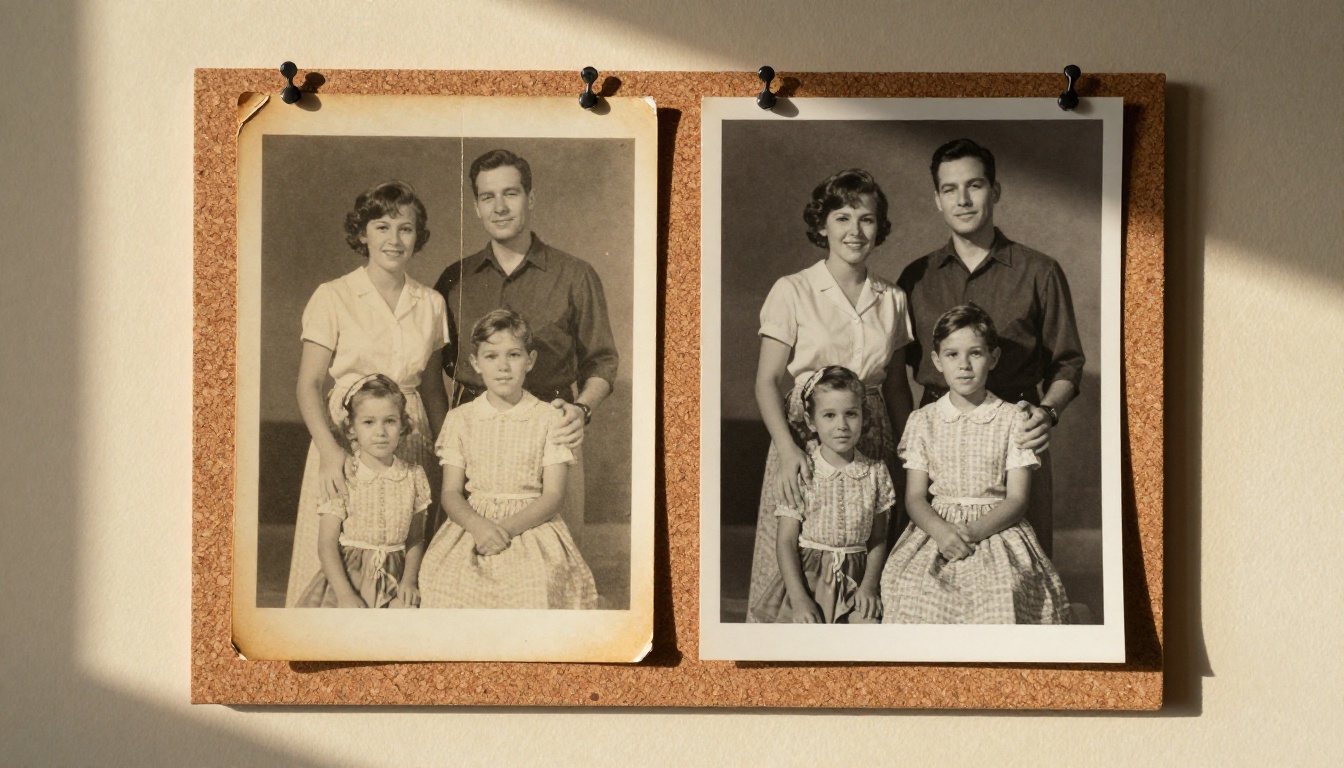 Two vintage photo prints side by side on a corkboard showing original damaged print versus AI-restored version
