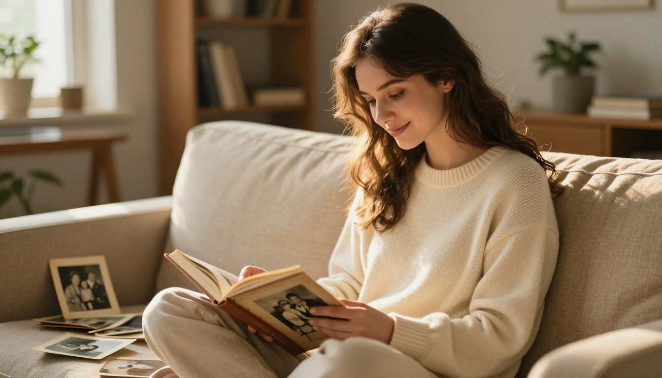 Young woman in cream knit sweater sitting cross-legged on beige couch smiling at open vintage photo album with golden afternoon light
