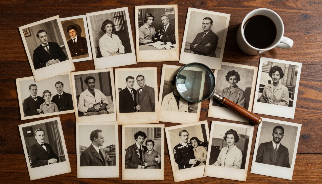 Aerial flat lay of fifteen vintage photographs from different decades spread on dark walnut wood table with magnifying glass and cup of coffee
