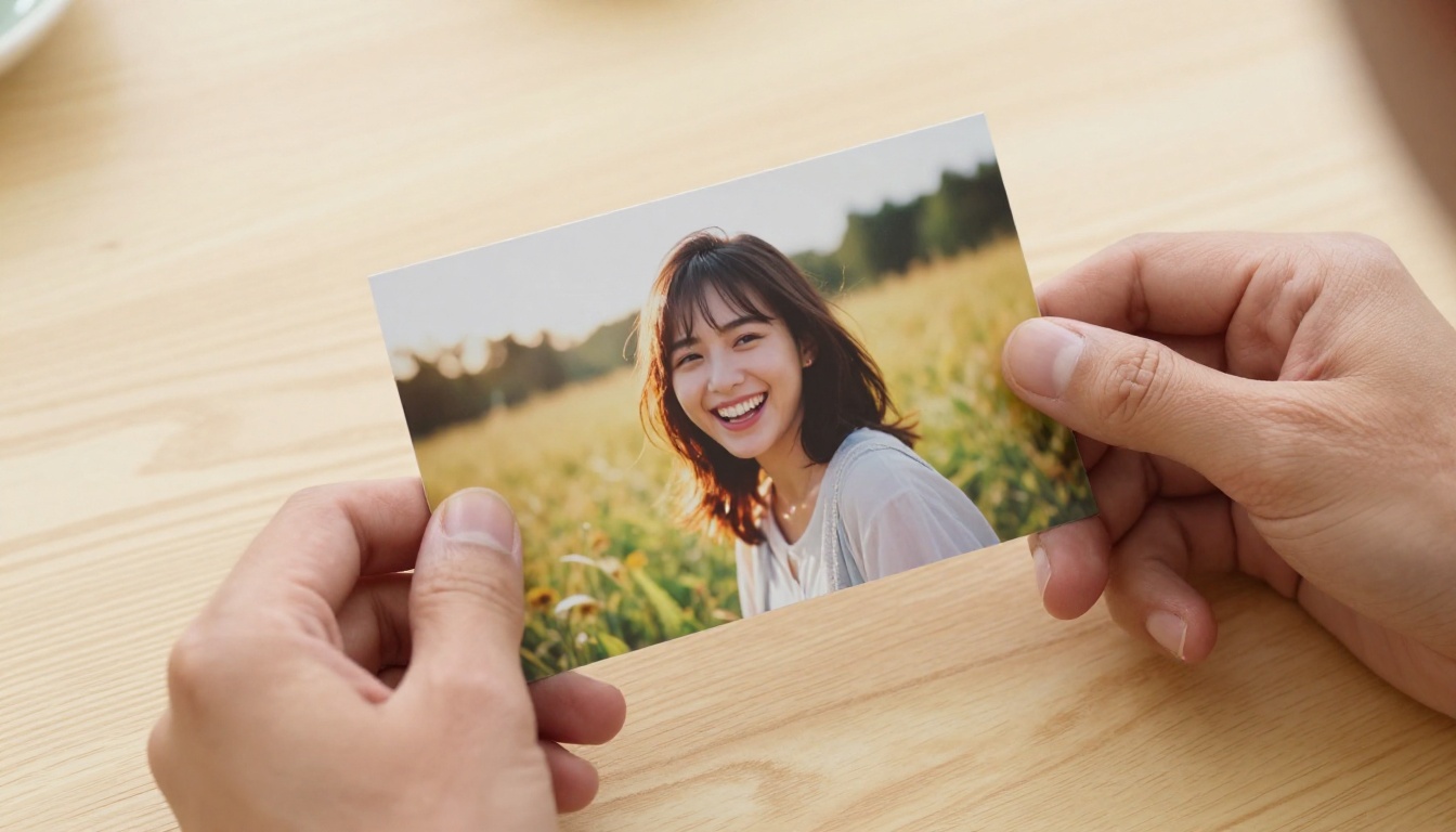 Hands holding a photograph above a wooden table