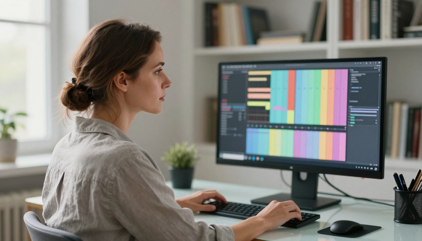 Woman reviewing video timeline at a bright white studio workstation