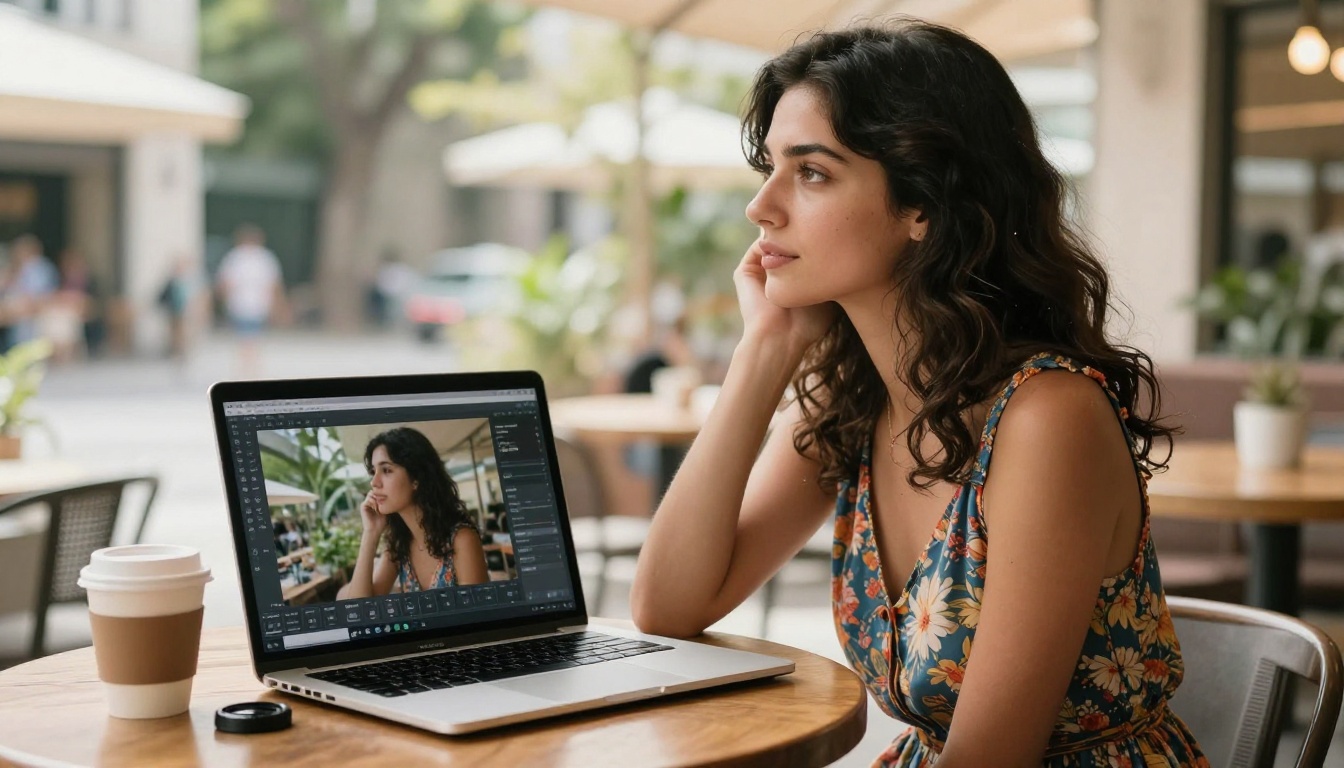 Woman using a laptop at a café terrace with a coffee nearby