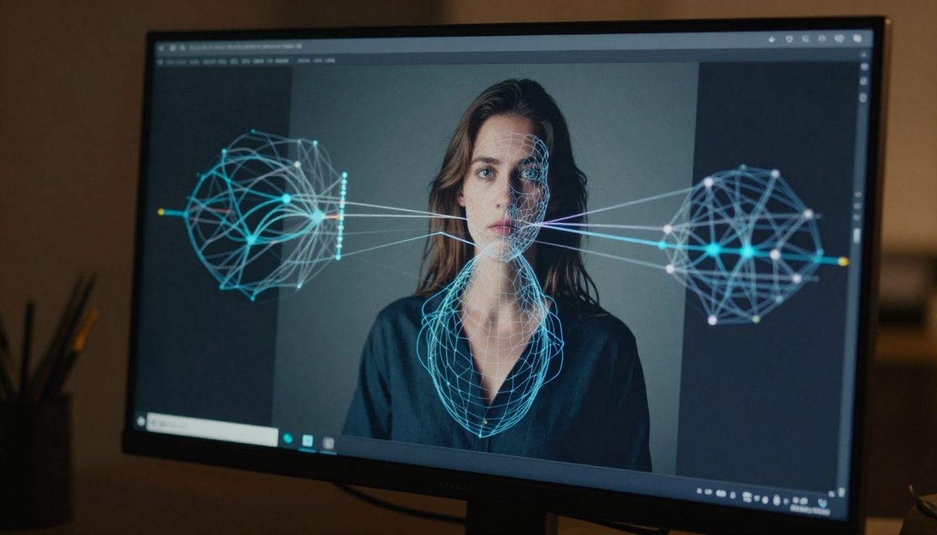 Professional monitor displaying a neural network motion visualization