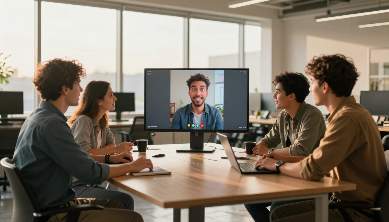 Three creative professionals reviewing animated video content on a large touchscreen table