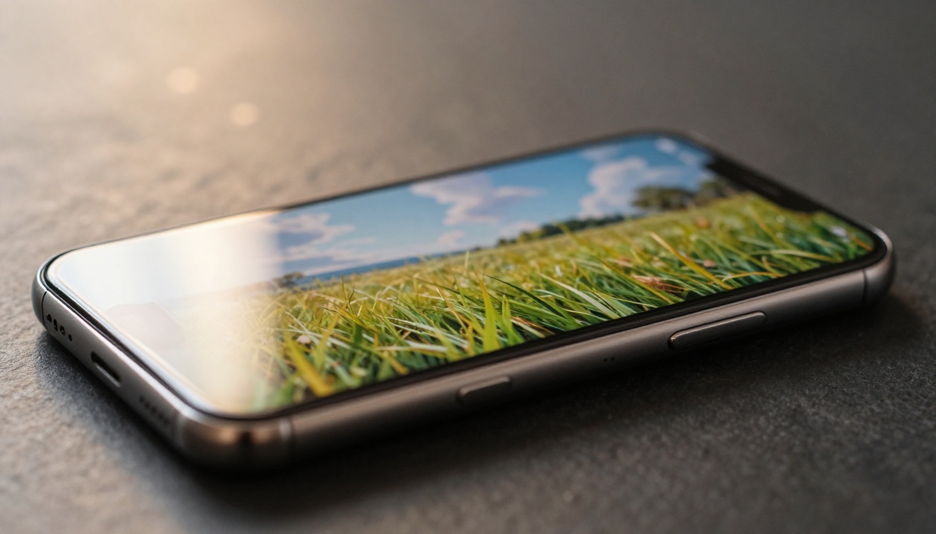 Smartphone on dark slate displaying an animated landscape video