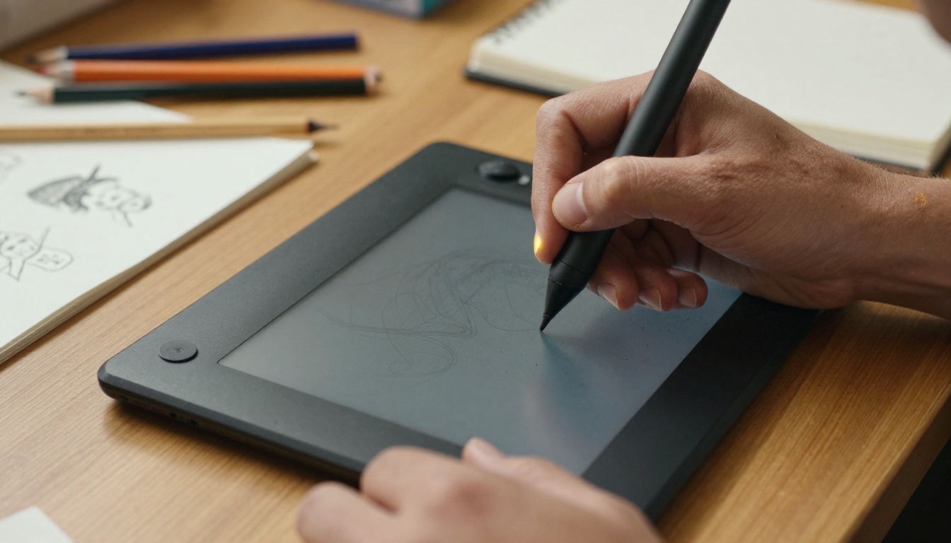 Game artist's hands holding a drawing stylus over a tablet on a wooden desk
