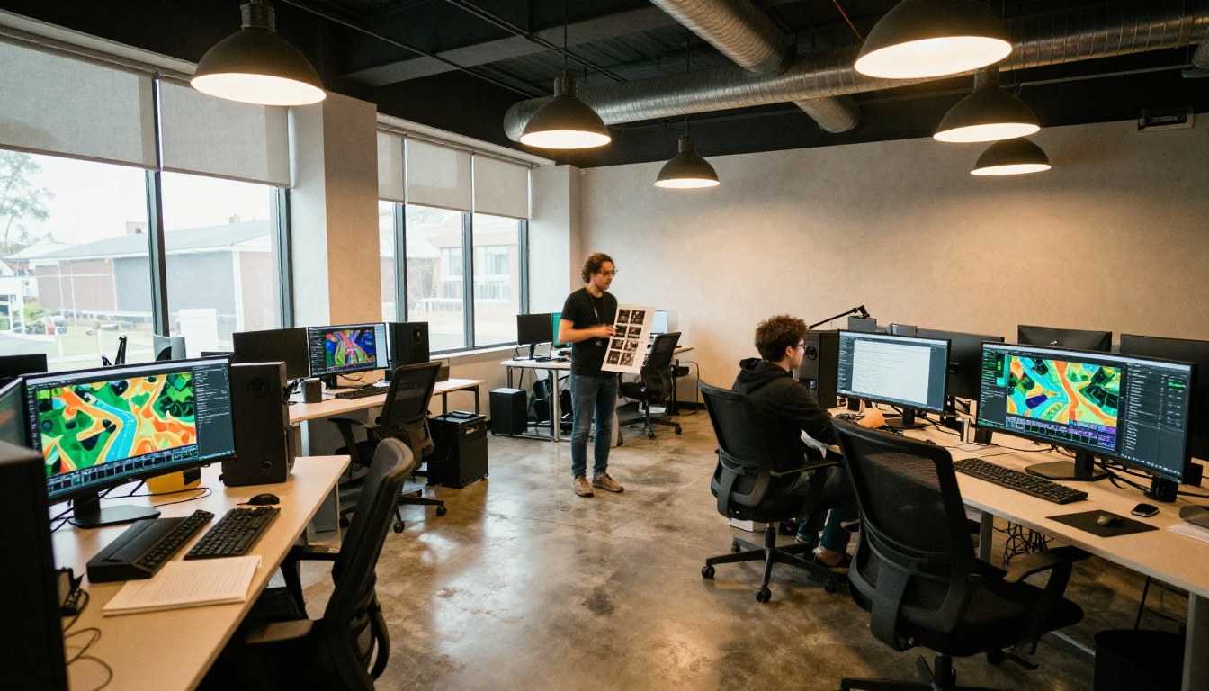 Game studio interior with multiple developer workstations and widescreen monitors